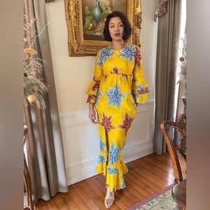 Handmade African Print Ankara Yellow Ruffle Sleeve Cinched Waist Maxi Dress